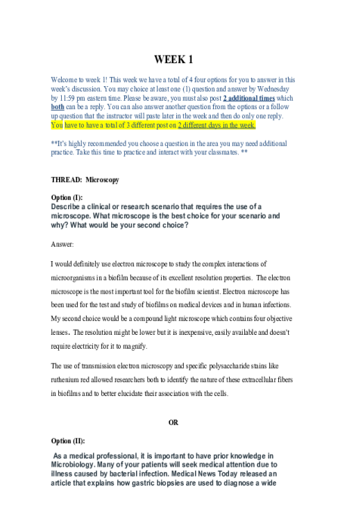 BIOS 242 Week 1 Discussion; Microscopy - All 4 Options