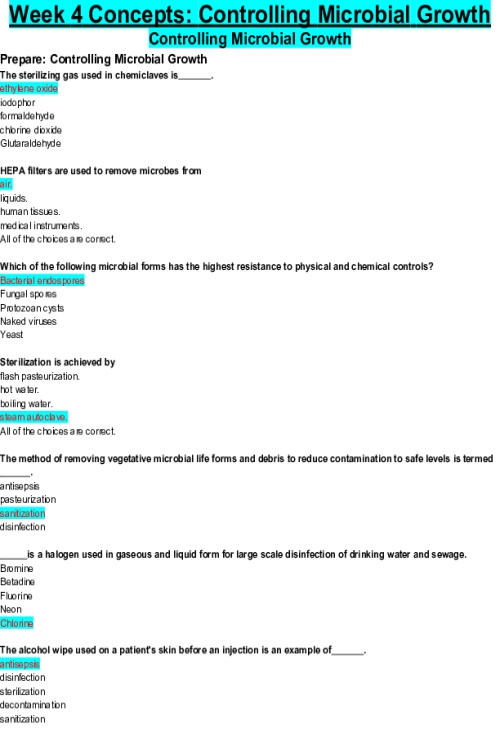 BIOS 242 Week 4 Assignment; Concepts; Controlling Microbial Growth