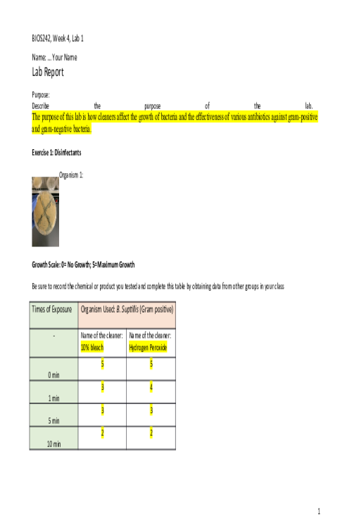 BIOS 242 Week 4 Assignment; Lab 7 of 14 Onsite; Disinfectants and Antibiotics