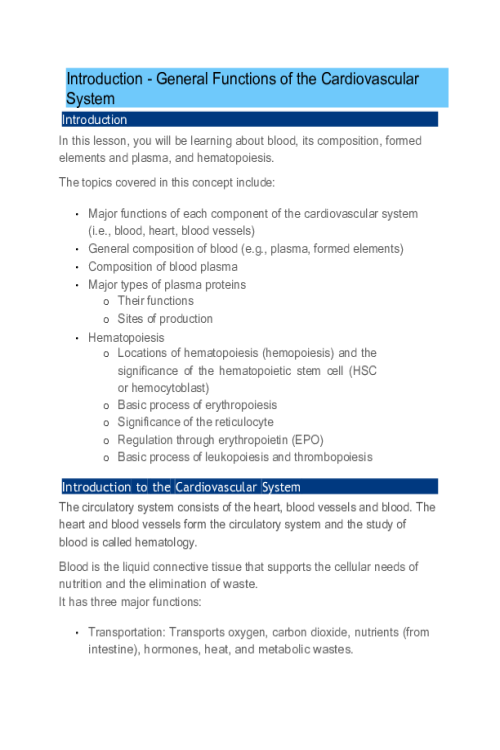 BIOS 255 Week 1 Concepts I The Cardiovascular System - Blood