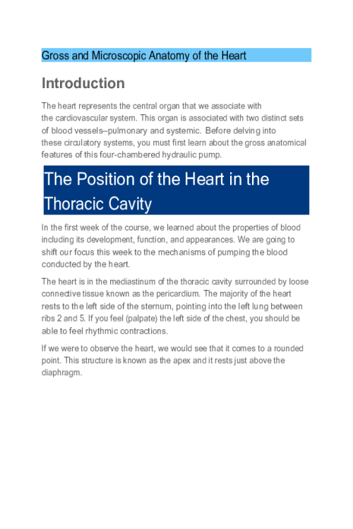 BIOS 255 Week 2 Concepts I The Cardiovascular System- Heart