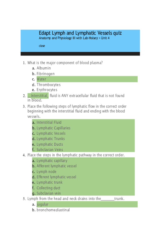 BIOS 255 Week 4 Concepts; The Lymphatic System (Edapt Lymph, Lymphatic Vessels Quiz