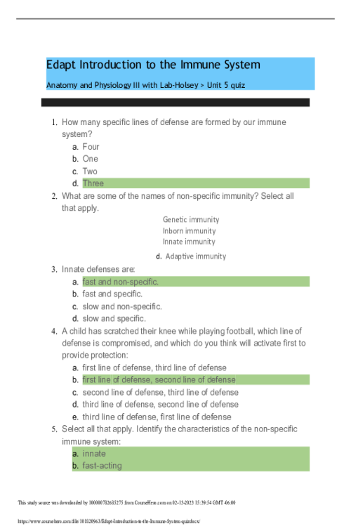 BIOS 255 Week 5 Concepts; The Immune System (Edapt Immune System Quiz)