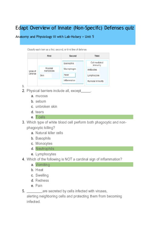 BIOS 255 Week 5 Concepts; The Immune System (Edapt Innate Defenses Quiz)