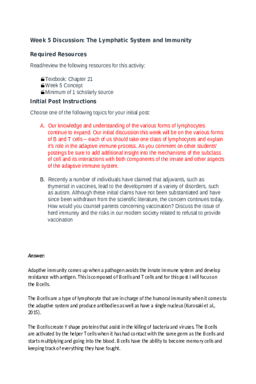 BIOS 255 Week 5 Discussion; The Lymphatic System and Immunity; Option A