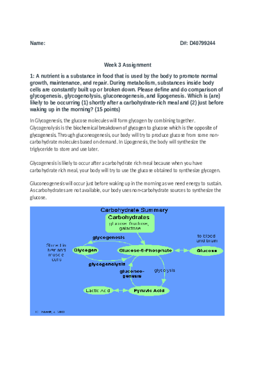 BIOS 256 Week 3 Discussion; Glycogenesis, glycogenolysis, gluconeogenesis, and lipo