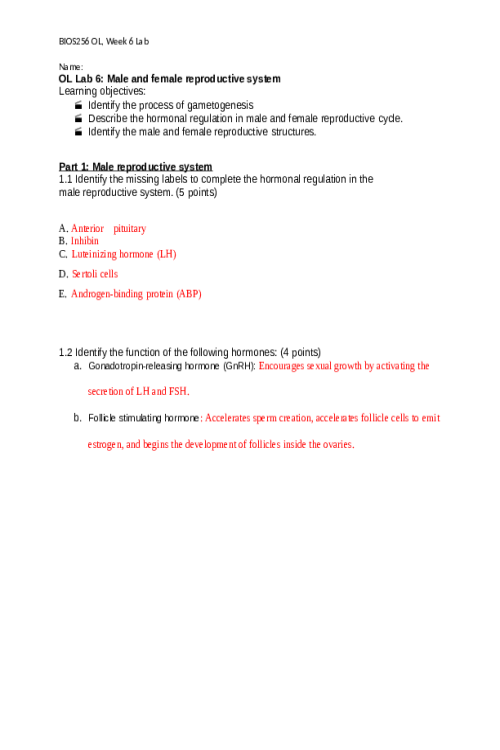 BIOS 256 Week 6 OL Lab 6; Male and female reproductive system