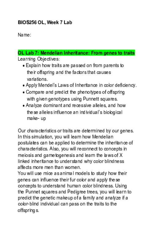 BIOS 256 Week 7 OL Lab 7; Mendelian Inheritance From genes to traits