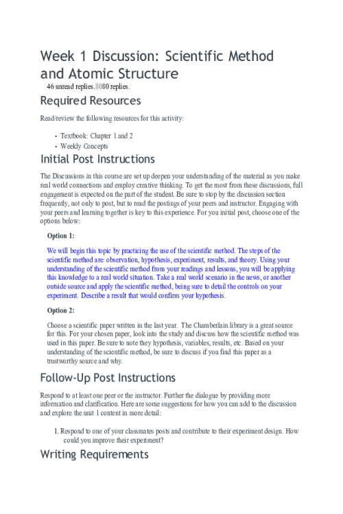 CHEM 120 Week 1 Discussion Option 1; Scientific Method and Atomic Structure