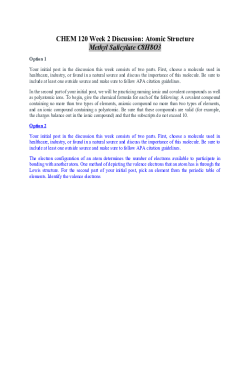 CHEM 120 Week 2 Discussion; Atomic Structure - Methyl Salicylate C8H8O3