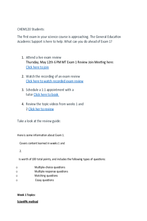 CHEM 120 Week 3 Exam 1 - Sample Question, Resources
