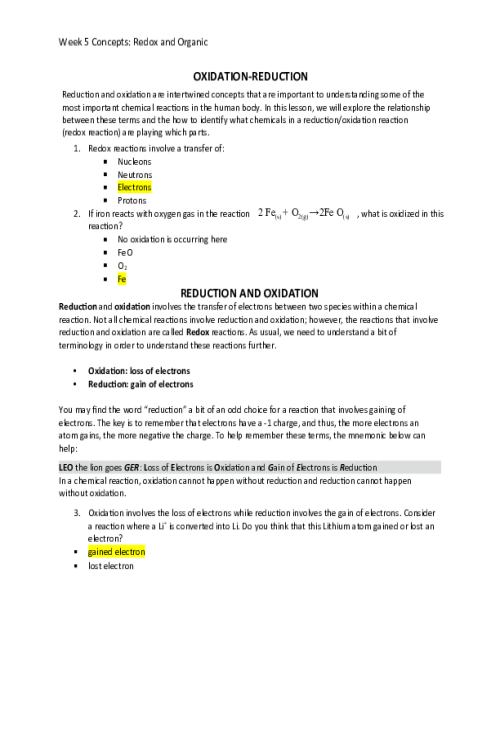 CHEM 120 Week 5 Concepts; Redox and Organic Chemistry.