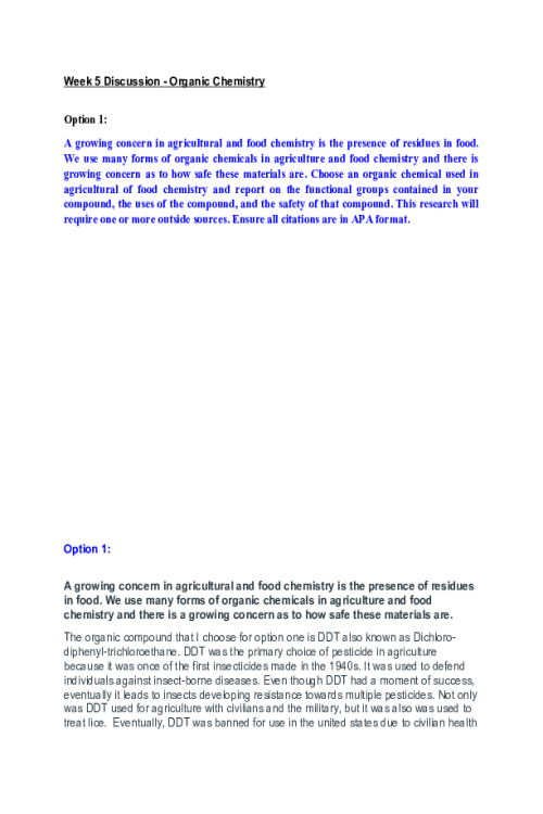 CHEM 120 Week 5 Discussion; Organic Chemistry - Dichloro-diphenyl-trichloroethane