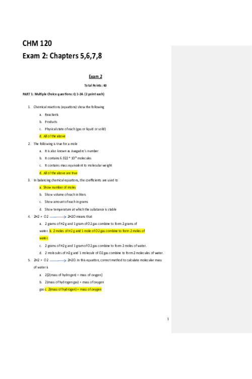 CHEM 120 Week 5 Exam 2 (Units 3 and 4) Answer key
