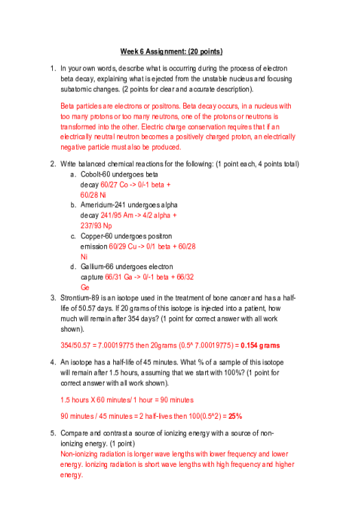 CHEM 120 Week 6 Concepts; Nuclear Chemistry Energy and Biochemistry