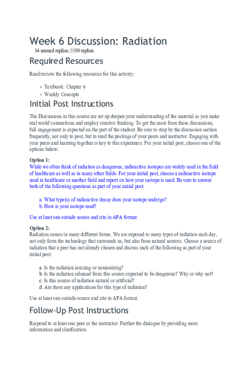 CHEM 120 Week 6 Discussion Option 1; Radiation; Radioactive Isotope; Cobalt-60
