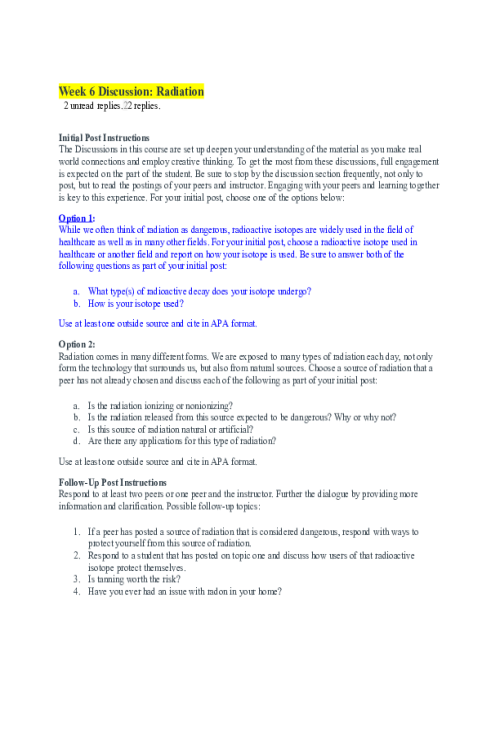 CHEM 120 Week 6 Discussion Option 1; Radiation; Radioisotope Tc-99m