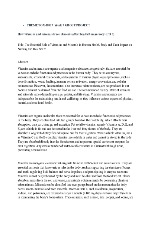 CHEM 120 Week 7 Assignment; Group Project; How vitamins and mineralstrace elements 