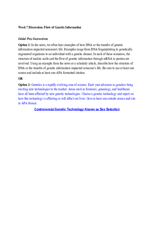 CHEM 120 Week 7 Discussion; Flow of Genetic Information - Controversial Genetic Tec