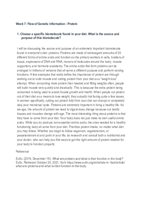 CHEM 120 Week 7 Discussion; Flow of Genetic Information - Protein