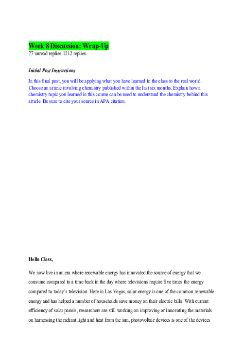 CHEM 120 Week 8 Discussion; Wrap-Up (Solar-energy)