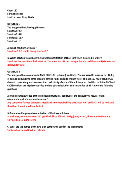 CHEM 120 Week 8 Lab Practicum - Study Guide