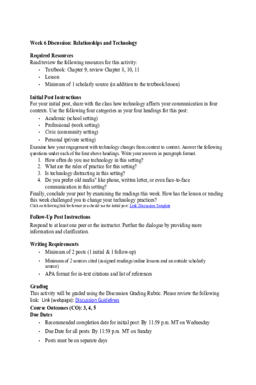 COMM 277 Week 6 Discussion; Relationships and Technology