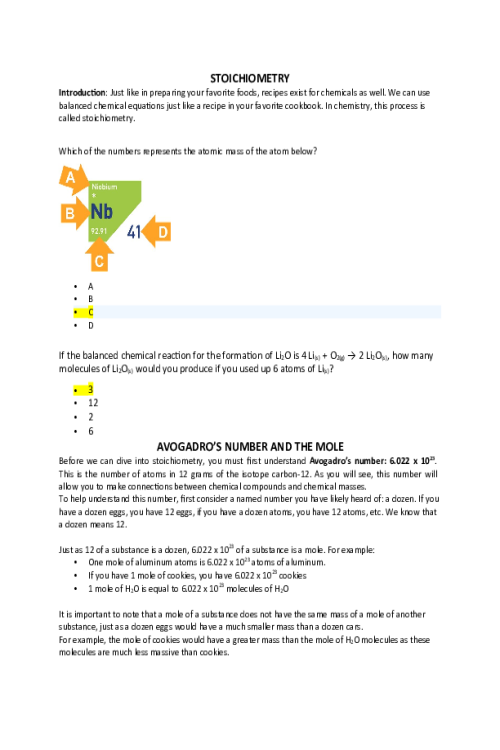 Concepts; Chemical Reactions and Calculations