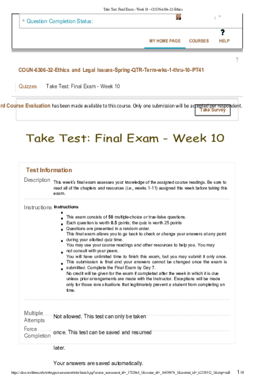 COUN 6306-32, Week 10 Final Exam - 25 out of 25 points