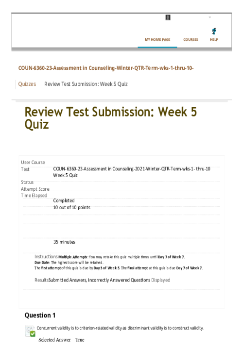 COUN 6360 Week 5 Competency Quiz; Reliability and Validity.