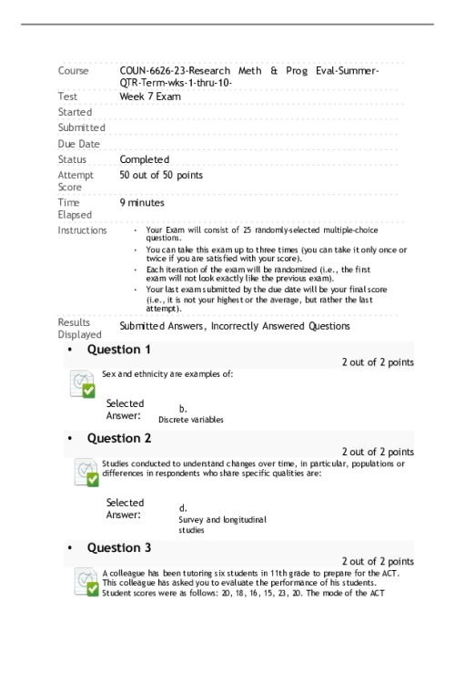 COUN 6626-23 Week 7 Exam - 50 out of 50 points