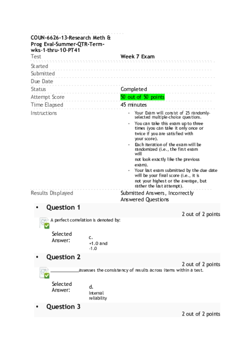 COUN 6626 Week 7 Exam; 50 out of 50 points