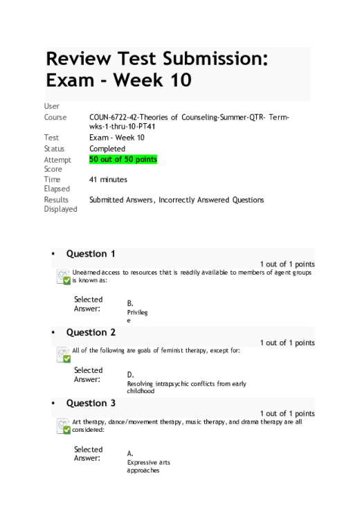 COUN 6722-42, Theories of Counseling; Week 10 Final Exam - 50 out of 50 Points