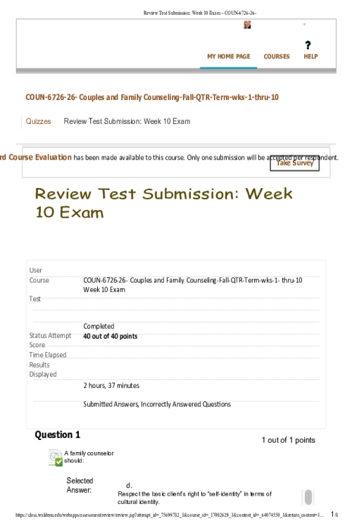 COUN 6726-26, Couples and Family Counseling, Week 10 Exam