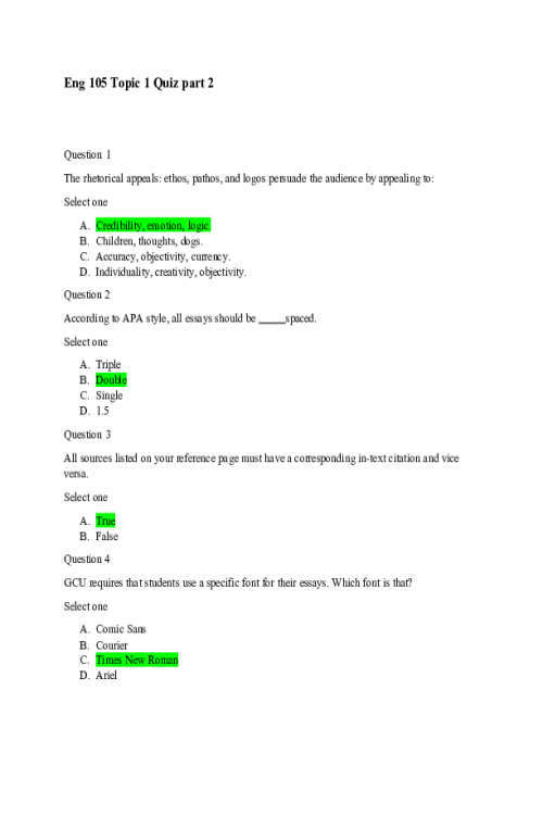ENG 105 Topic 1 Quiz 1 Part Two