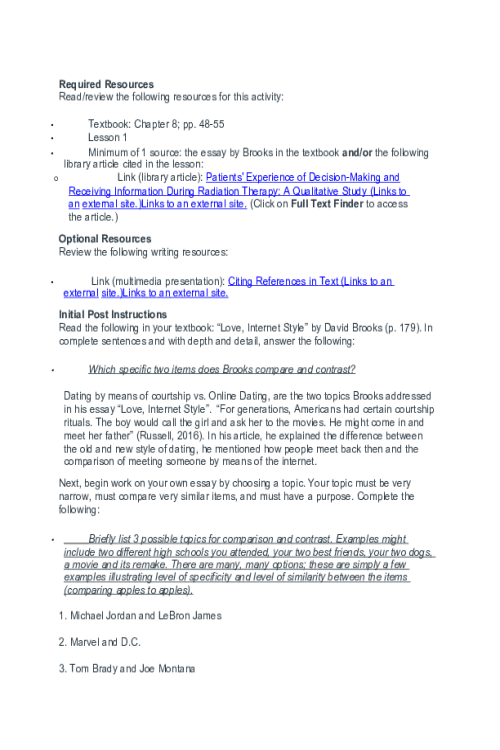 ENGL 117 Week 3 Discussion; Comparison-Contrast Methods and Topic Preparation