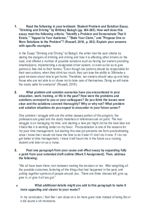 ENGL 117 Week 6 Discussion; Cause-Effect and Problem-Solution