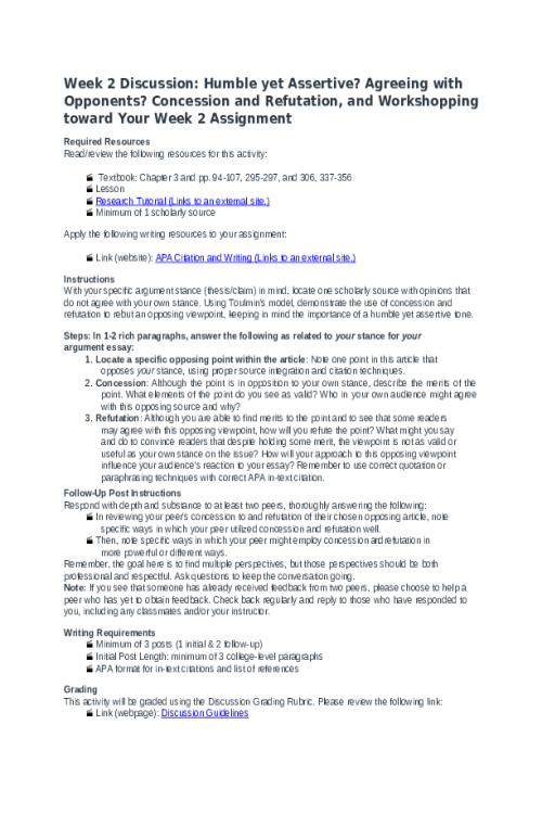 ENGL 147N Week 2 Discussion; Humble yet Assertive. Agreeing with Opponents. Concess