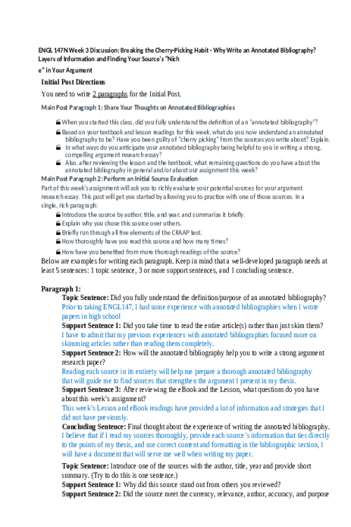 ENGL 147N Week 3 Discussion; Breaking the Cherry-Picking Habit - Why Write an Annot