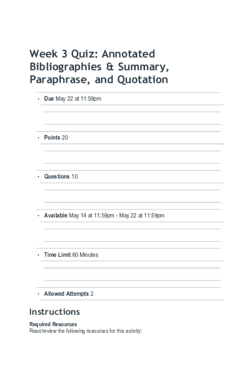 ENGL 147N Week 3 Quiz Annotated Bibliographies & Summary, Paraphrase, and Quotation