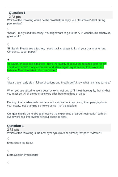 ENGL 147N Week 6 Quiz; Effective Peer Review and Features of Argument Genres...