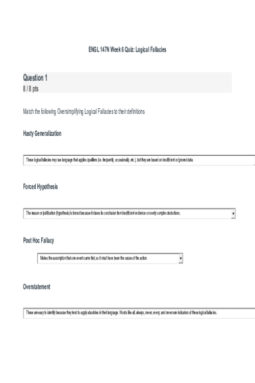 ENGL 147N Week 6 Quiz (Logical Fallacies)