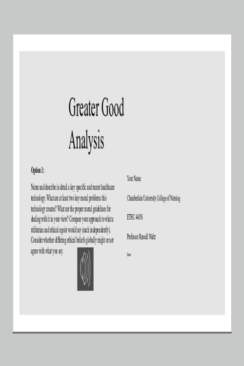 ETHC 445N Week 4 Assignment; Greater Good Analysis - Recent Healthcare Technology A