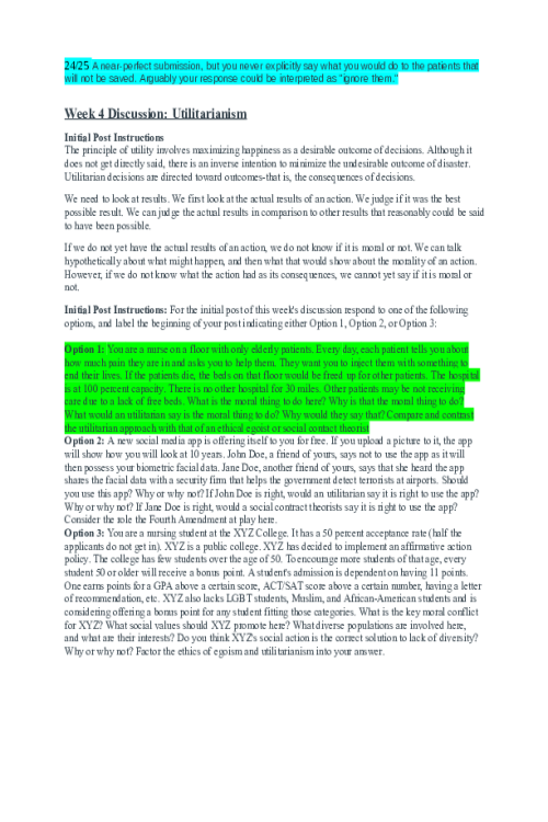 ETHC 445N Week 4 Discussion & Follow-up; Utilitarianism