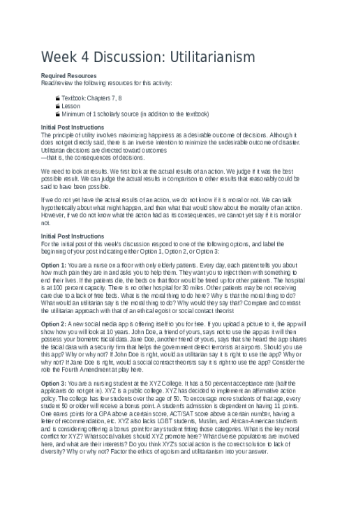 ETHC 445N Week 4 Discussion; Utilitarianism