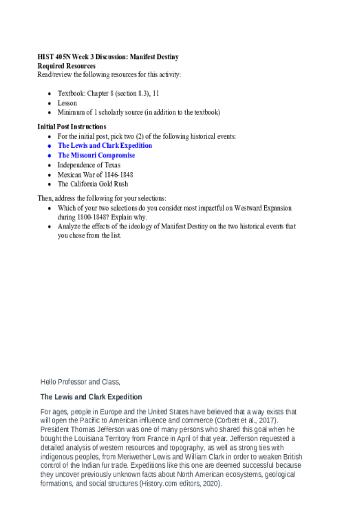 HIST 405N Week 3 Discussion; Manifest Destiny - The Lewis and Clark Expedition and,