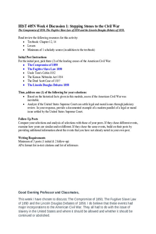 HIST 405N Week 4 Discussion 1; Stepping Stones to the Civil War - The Compromise of