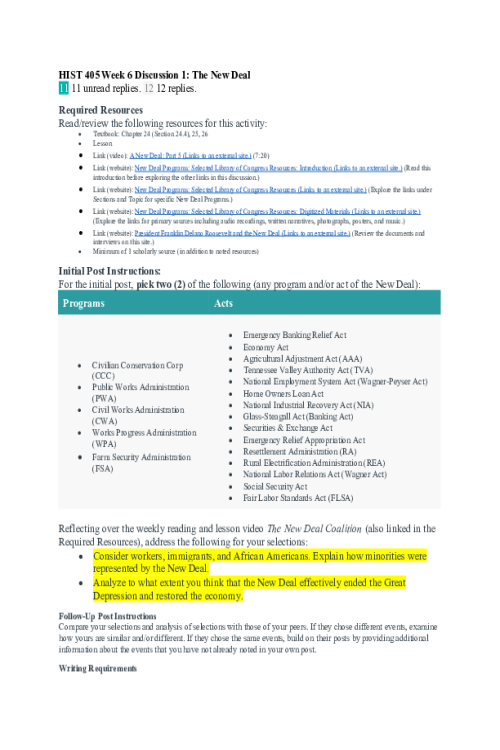 HIST 405N Week 6 Discussion 1; The New Deal..