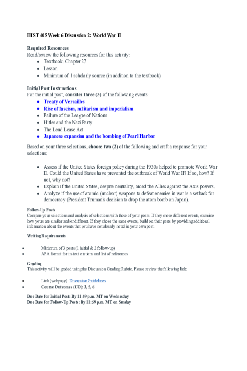 HIST 405N Week 6 Discussion 2; World War II - Treaty of Versailles, Rise of fascism
