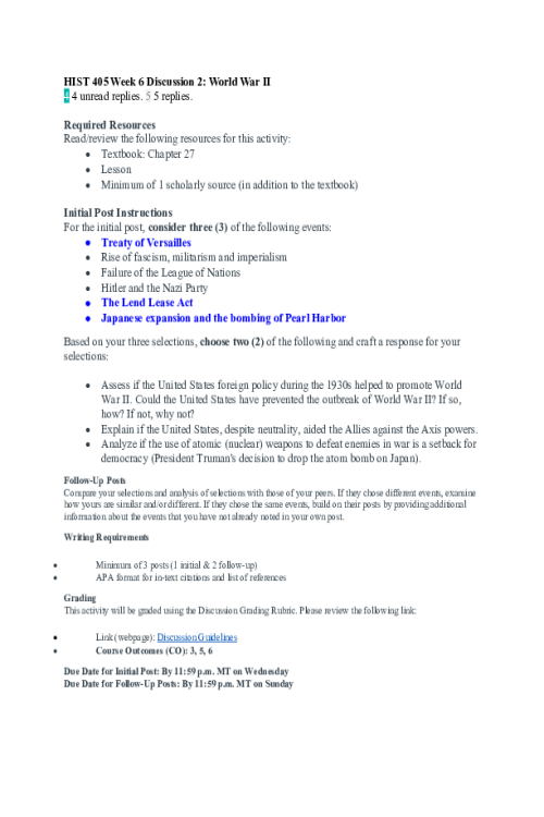 HIST 405N Week 6 Discussion 2; World War II - Treaty of Versailles, The Lend Lease 
